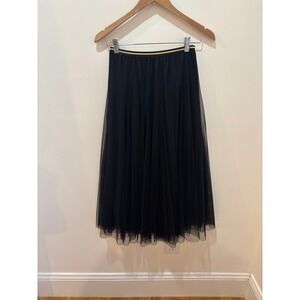 Black Tulle Midi Skirt Elastic Waistband Gold Trim Layered